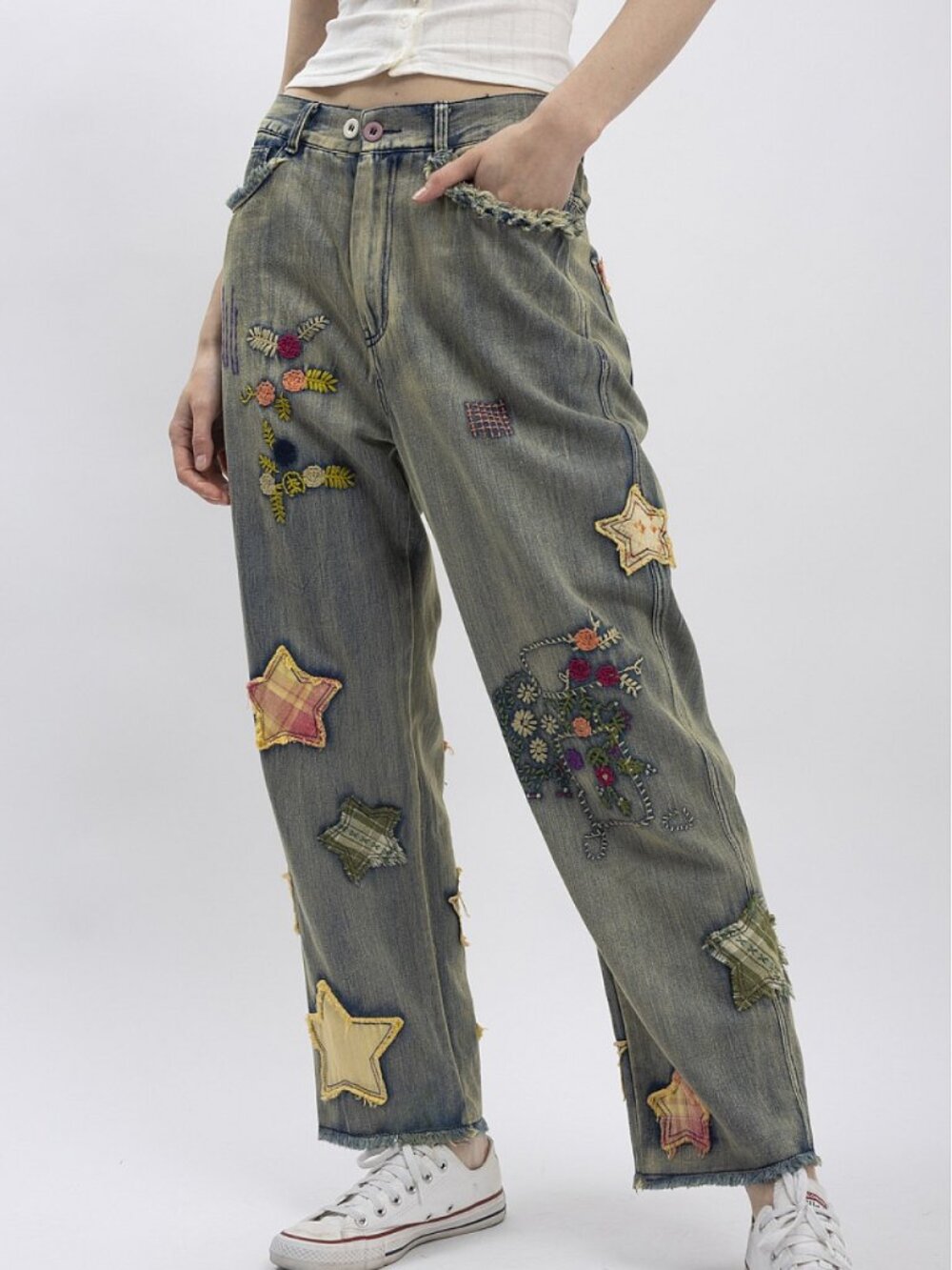 BLUE VELVET DENIM WITH PATCHWORK AND EMBROIDERY